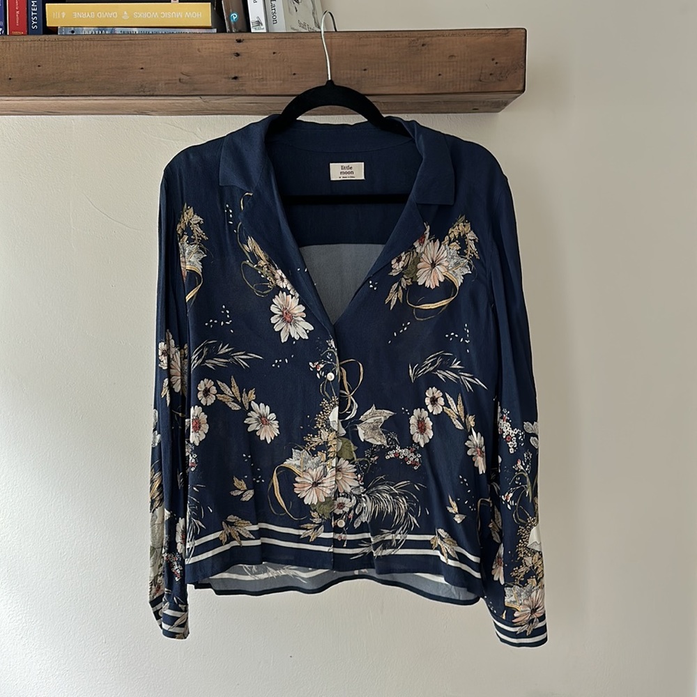 Little Moon Navy Blue Button Down with Flowers